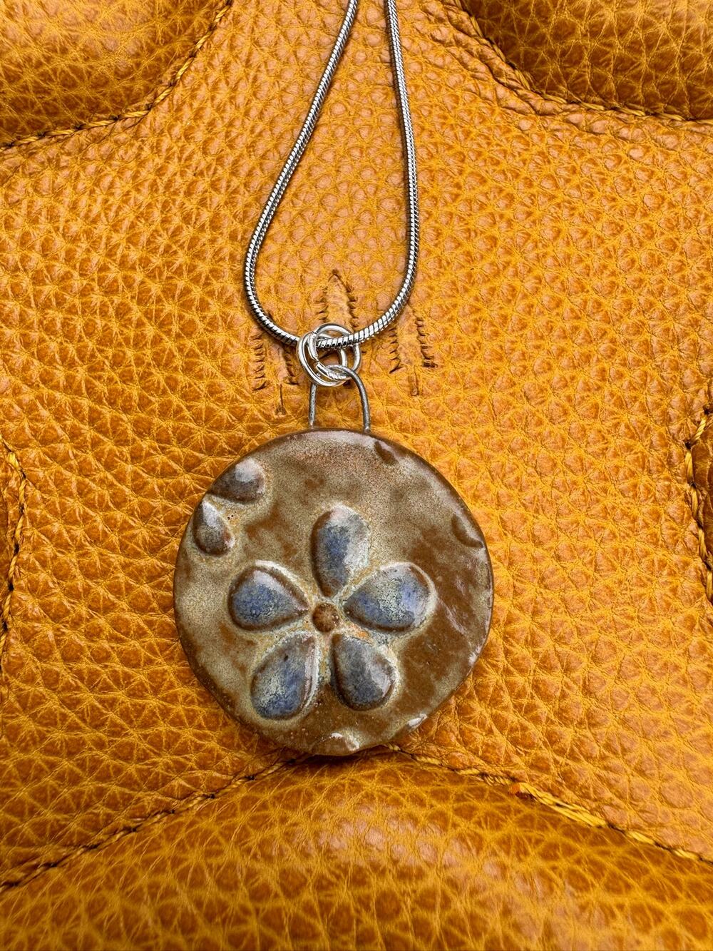 Boho Necklace Round Daisy Pendant Handcrafted Ceramic Necklace Medallion Jewelry
